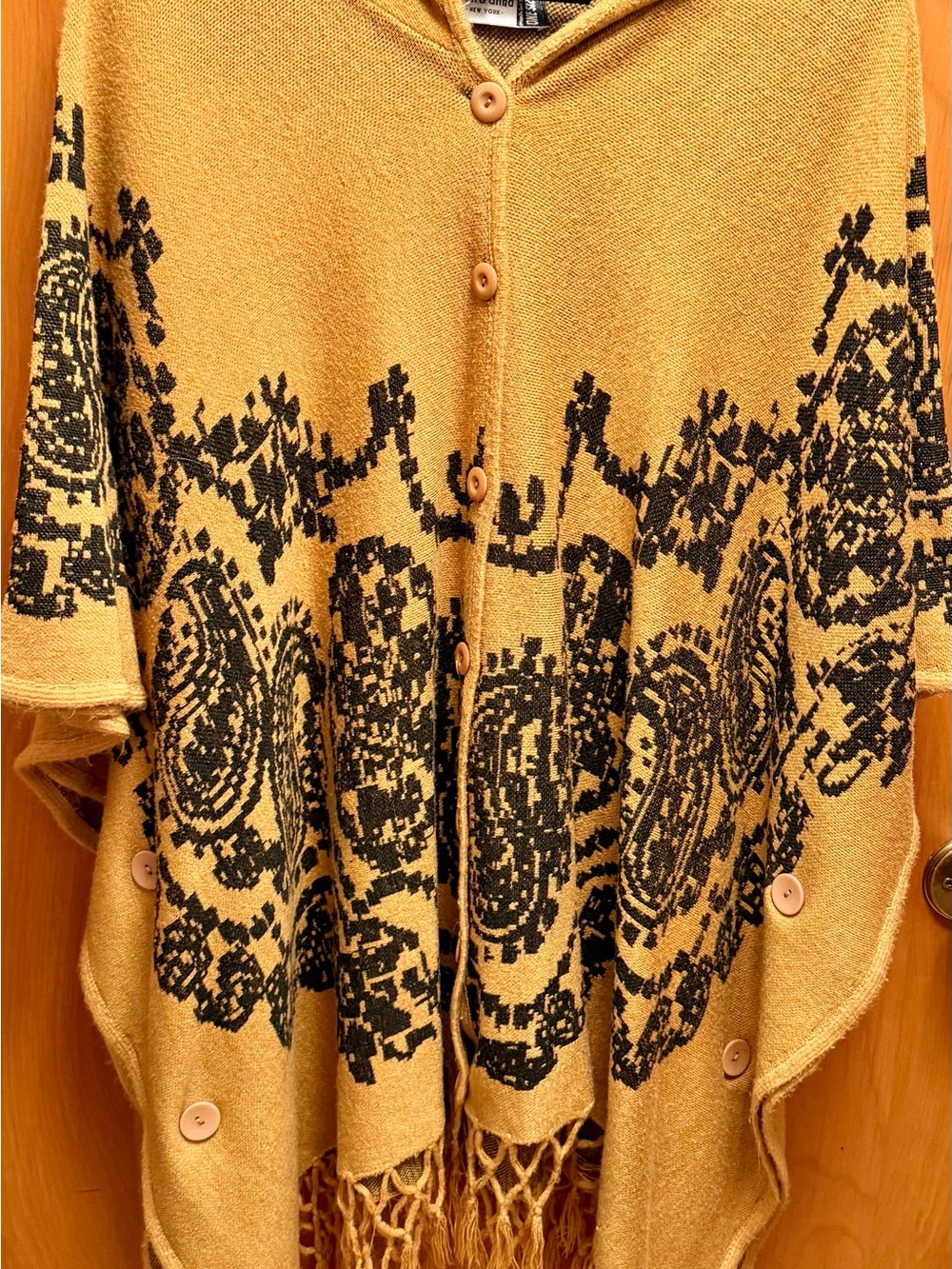 Jon & Anna Mustard Yellow and Black Button-Front Fringe Knit Poncho